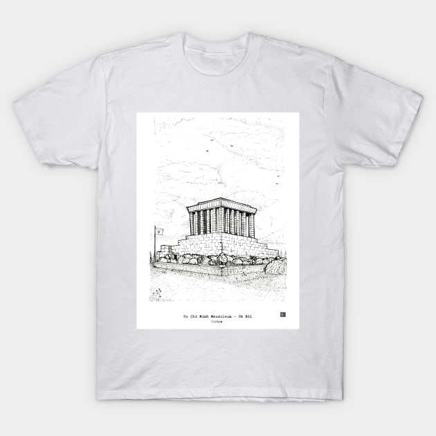 Ho Chi Minh Mausoleum Hanoi Vietnam Pen and Ink Illustration T-Shirt by Wall-Art-Sketch